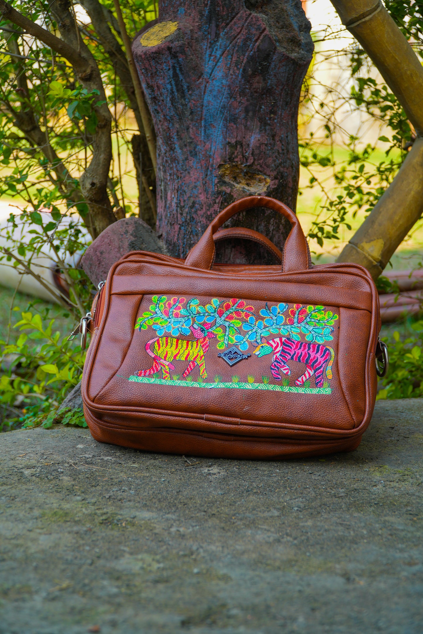 Hand-Painted Floral & Animal Motif Bag – Artisan 3D Textured Statement Purse
