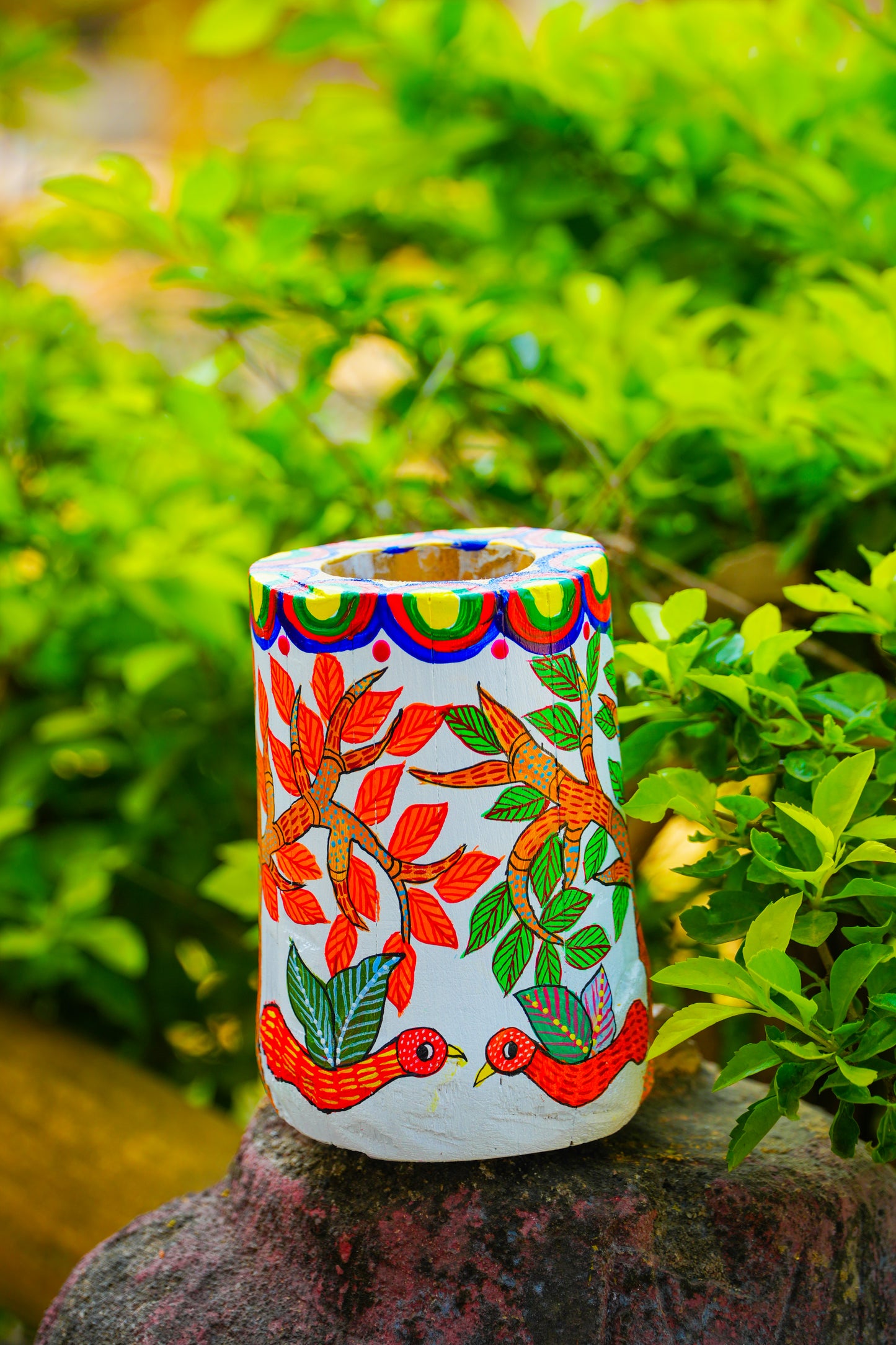 Hand-Painted Floral Pen Holder – Artisan Desktop Organizer with Gold Accents