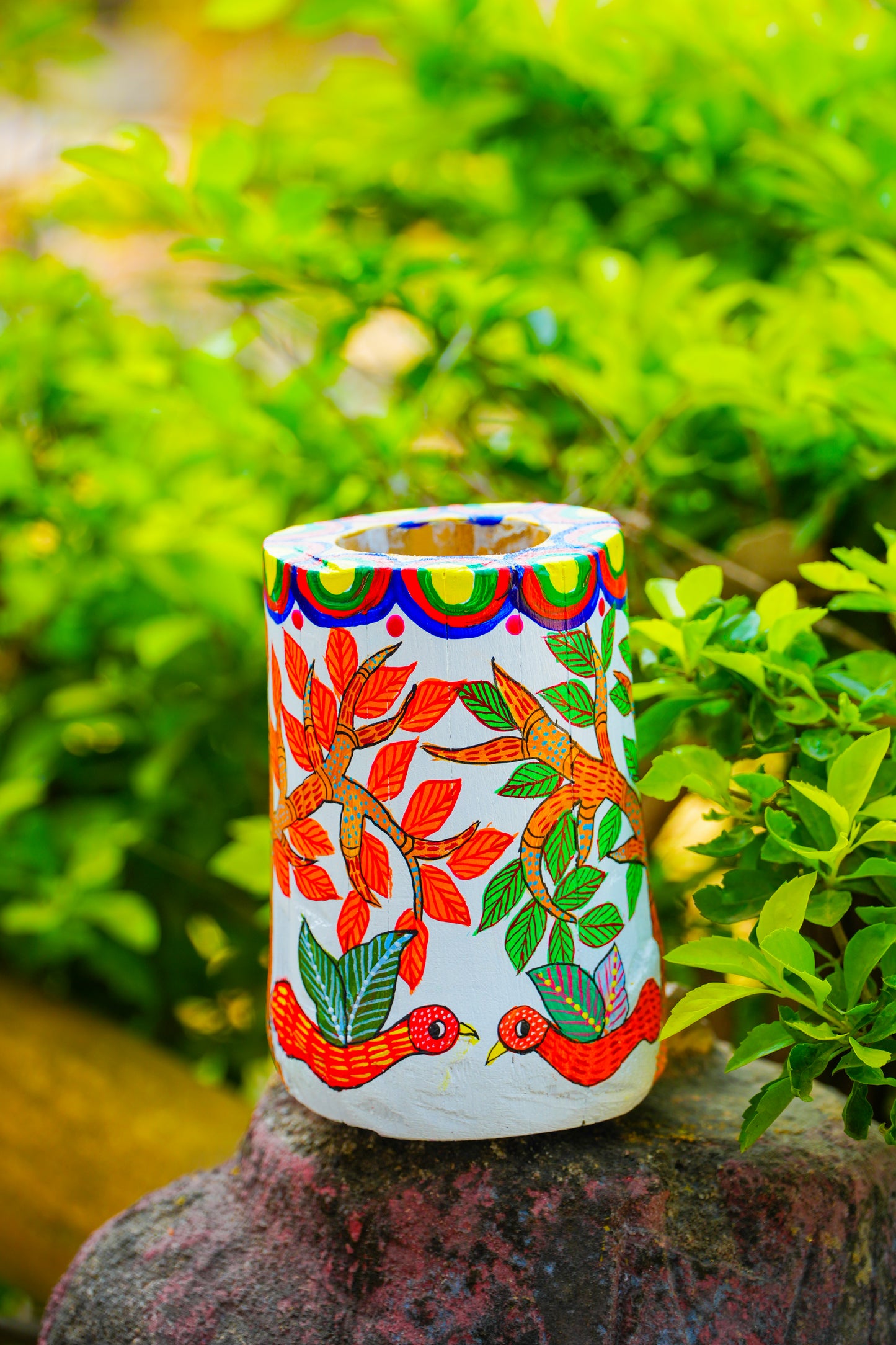 Hand-Painted Floral Pen Holder – Artisan Desktop Organizer with Gold Accents