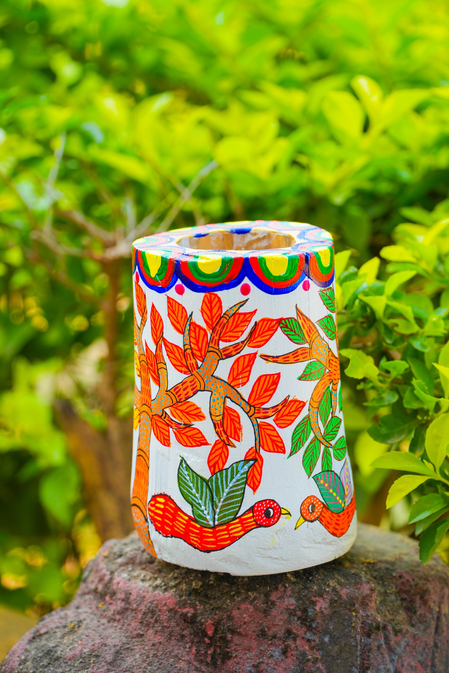 Hand-Painted Floral Pen Holder – Artisan Desktop Organizer with Gold Accents