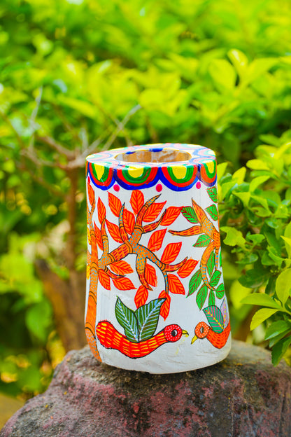 Hand-Painted Floral Pen Holder – Artisan Desktop Organizer with Gold Accents